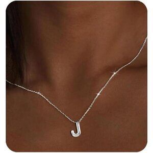 Silver Initial Pendant Necklace – Personalized Letter “J” Trendy Stuffed Bubble
